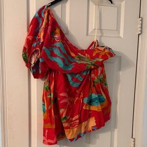 FARM Rio Red and Teal One-Shoulder Mini Dress